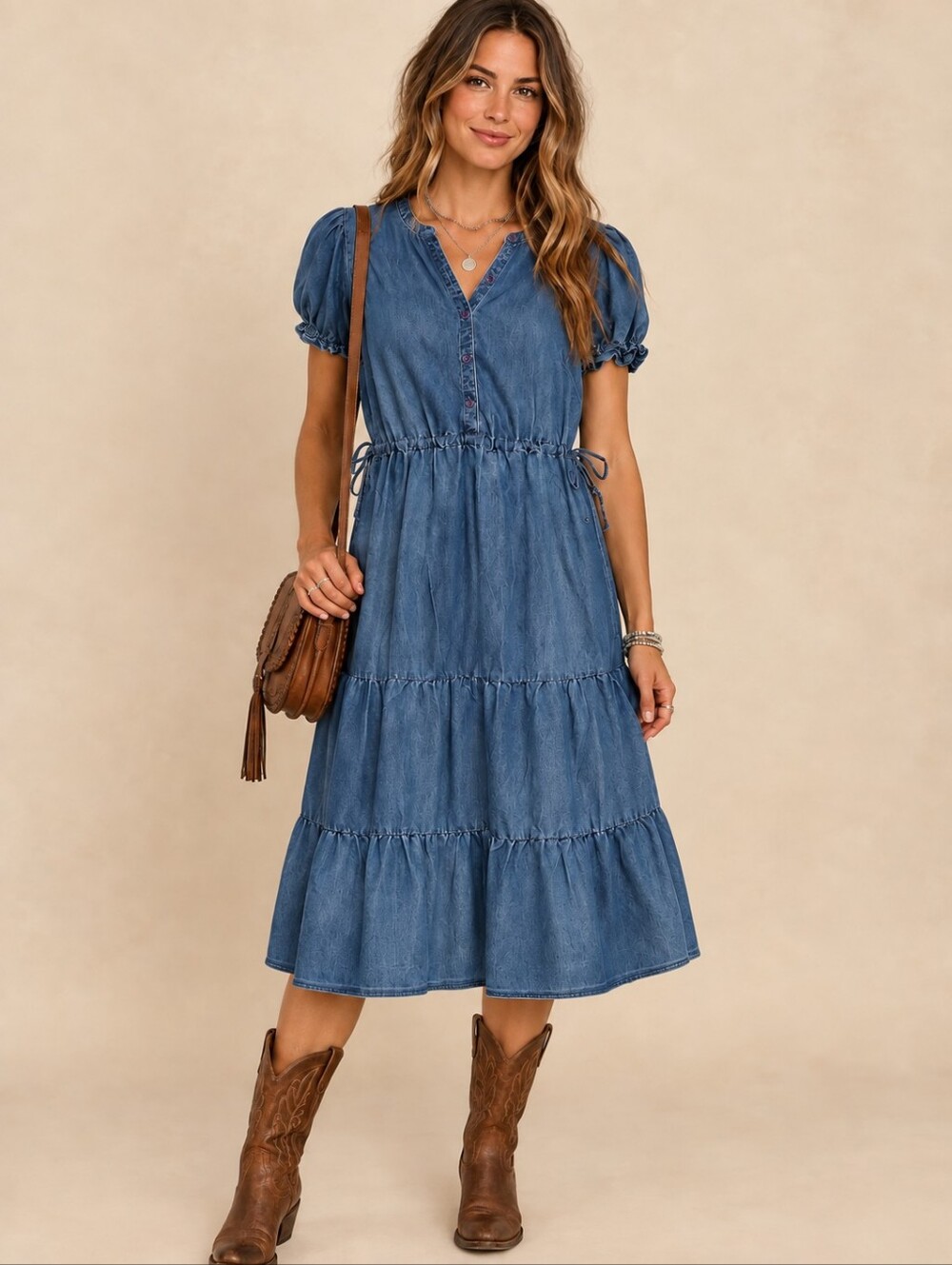 HARLOW & ROSE CHAMBRAY BLUE PUFF SLEEVE TIERED MIDI DRESS MEDIUM BOHO WESTERN